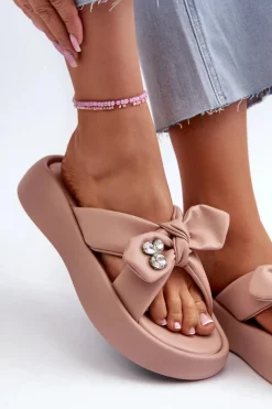 GOE Skórzane Klapki Damskie Na Platformie Różowe NN2N4109