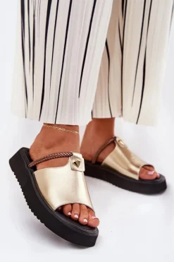 Skórzane Klapki Damskie Na Platformie Z Ozdobnym Paskiem D&A MK51-475 Złote Damskie Klapki Na Platformie|Klapki Damskie Klasyczne