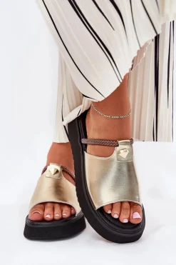 Skórzane Klapki Damskie Na Platformie Z Ozdobnym Paskiem D&A MK51-475 Złote Damskie Klapki Na Platformie|Klapki Damskie Klasyczne