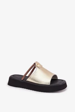 Skórzane Klapki Damskie Na Platformie Z Ozdobnym Paskiem D&A MK51-475 Złote Damskie Klapki Na Platformie|Klapki Damskie Klasyczne