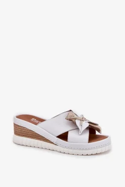 Discount Artiker Skórzane Klapki Damskie Na Koturnie Z Ozdobnym Kwiatem 52C0537 Białe Biały