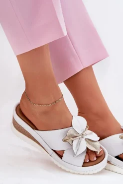 Discount Artiker Skórzane Klapki Damskie Na Koturnie Z Ozdobnym Kwiatem 52C0537 Białe Biały