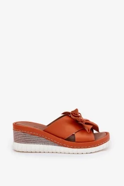 Artiker Skórzane Klapki Damskie Na Koturnie Z Ozdobnym Kwiatem 52C0505 Pomarańczowe Pomarańczowy