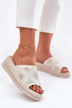 Klapki Na Koturnie|Klapki Na Platformie>Buty damskie Vinceza Skórzane Klapki Damskie Na Koturnie Vinceza 41477 Beżowe Beżowy