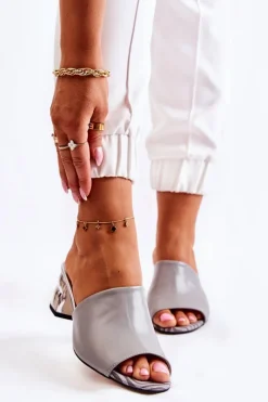 New Boto Skórzane Klapki Damskie Na Obcasie Szare Perry