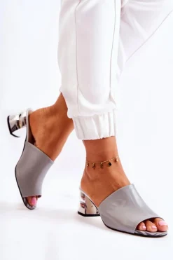 New Boto Skórzane Klapki Damskie Na Obcasie Szare Perry