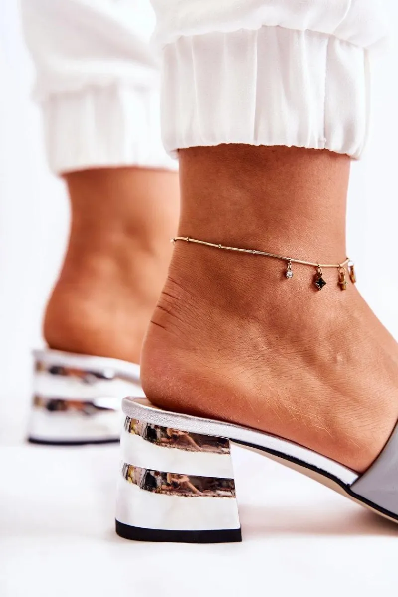 New Boto Skórzane Klapki Damskie Na Obcasie Szare Perry