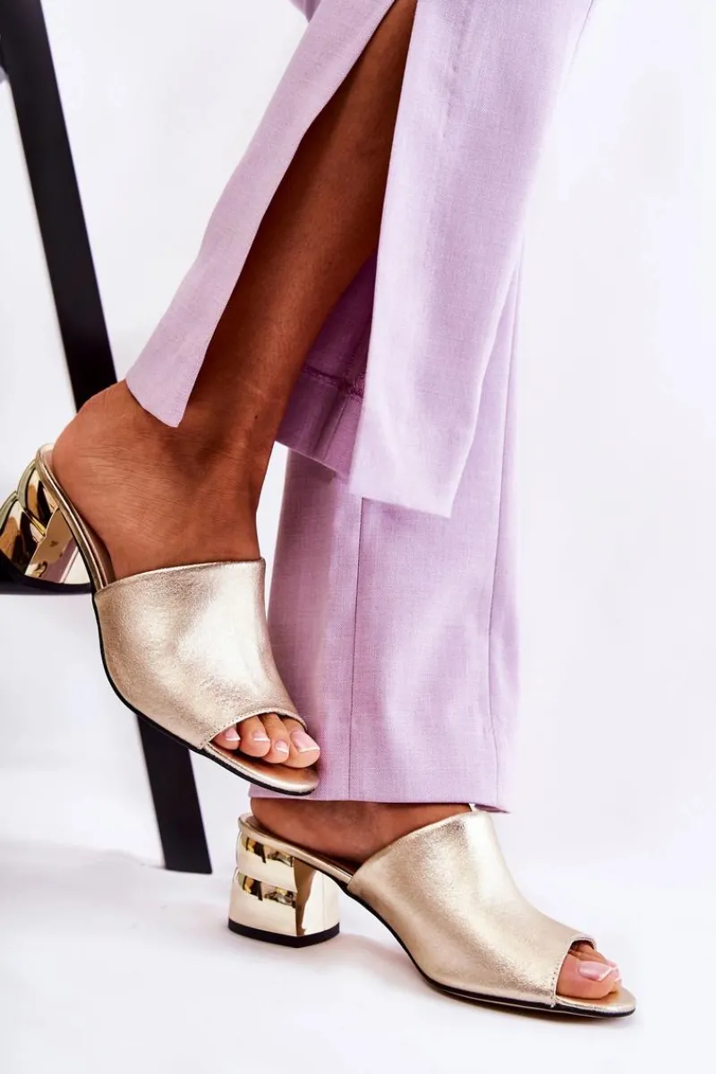 Clearance Boto Skórzane Klapki Damskie Na Obcasie Złote Perry