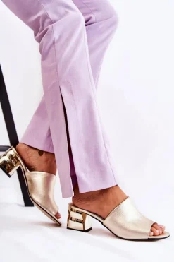 Clearance Boto Skórzane Klapki Damskie Na Obcasie Złote Perry