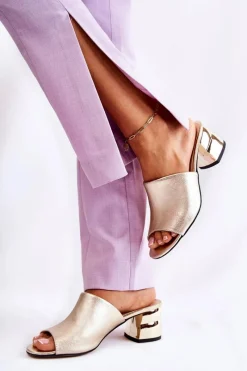 Clearance Boto Skórzane Klapki Damskie Na Obcasie Złote Perry