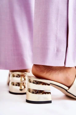 Clearance Boto Skórzane Klapki Damskie Na Obcasie Złote Perry