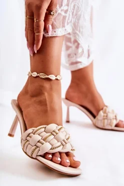 New Skórzane Klapki Damskie Plecione Beżowe Sulea Damskie Klapki Na Obcasie|Klapki Damskie Klasyczne