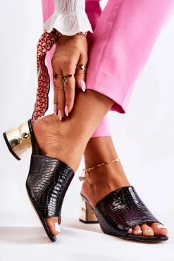 Klapki Na Obcasie|Klapki Damskie Klasyczne>Boto Skórzane Klapki Damskie Wzór Krokodyl Na Obcasie Czarne Perry