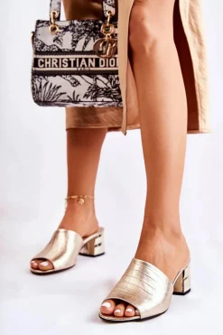 New Boto Skórzane Klapki Damskie Wzór Krokodyl Na Obcasie Złote Perry