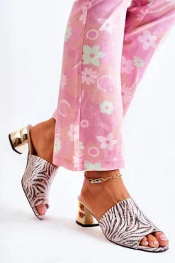 Best Skórzane Klapki Damskie Wzór Zebra Na Obcasie Różowo-Białe Perry Damskie Klapki Na Obcasie|Klapki Damskie Klasyczne