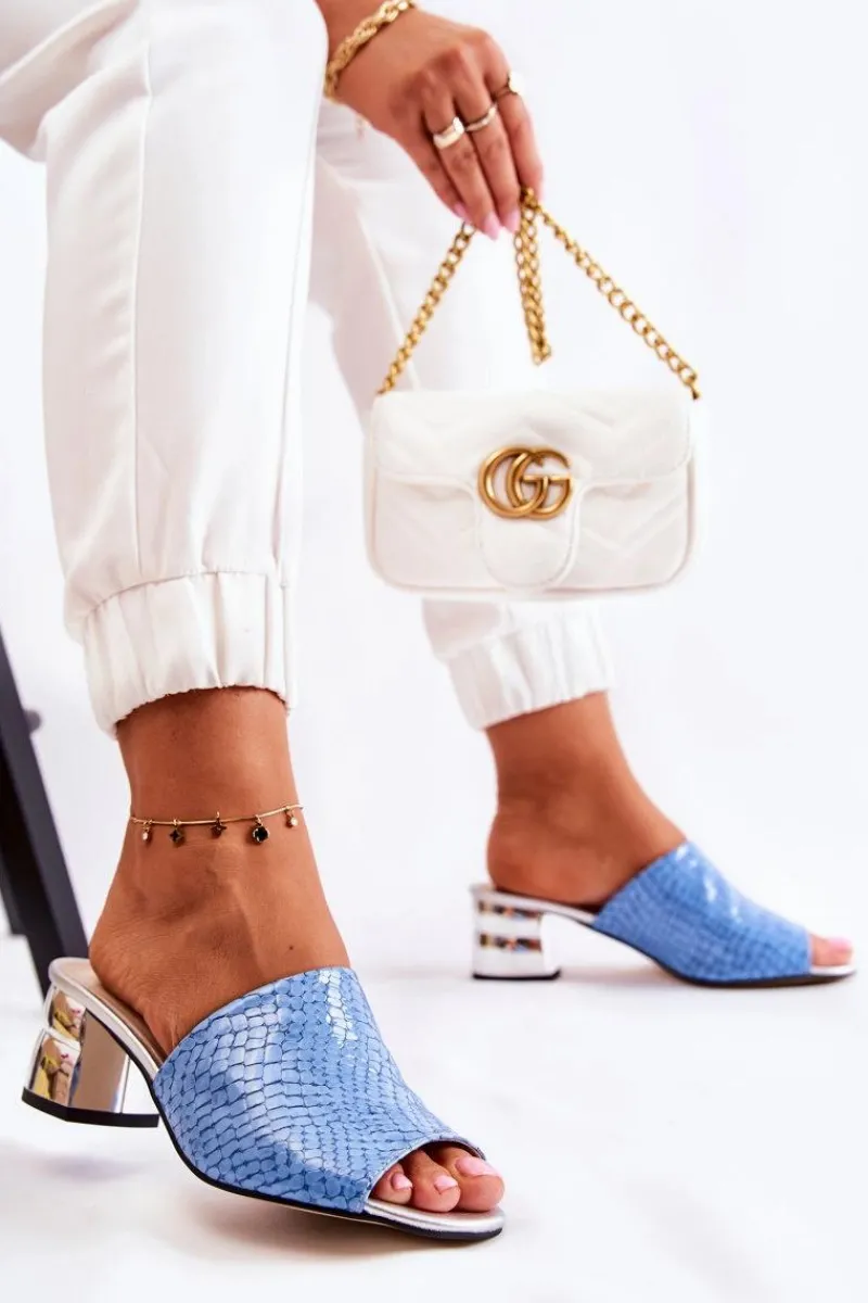 Klapki Na Obcasie|Klapki Damskie Klasyczne>Boto Skórzane Klapki Damskie Wzór Krokodyl Na Obcasie Niebieskie Perry