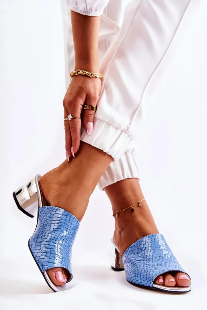 Klapki Na Obcasie|Klapki Damskie Klasyczne>Boto Skórzane Klapki Damskie Wzór Krokodyl Na Obcasie Niebieskie Perry