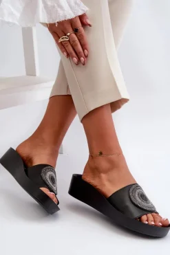 Clearance Damskie buty S.Barski Skórzane Klapki Damskie Z Ozdobą S.Barski KV27-019 Czarne