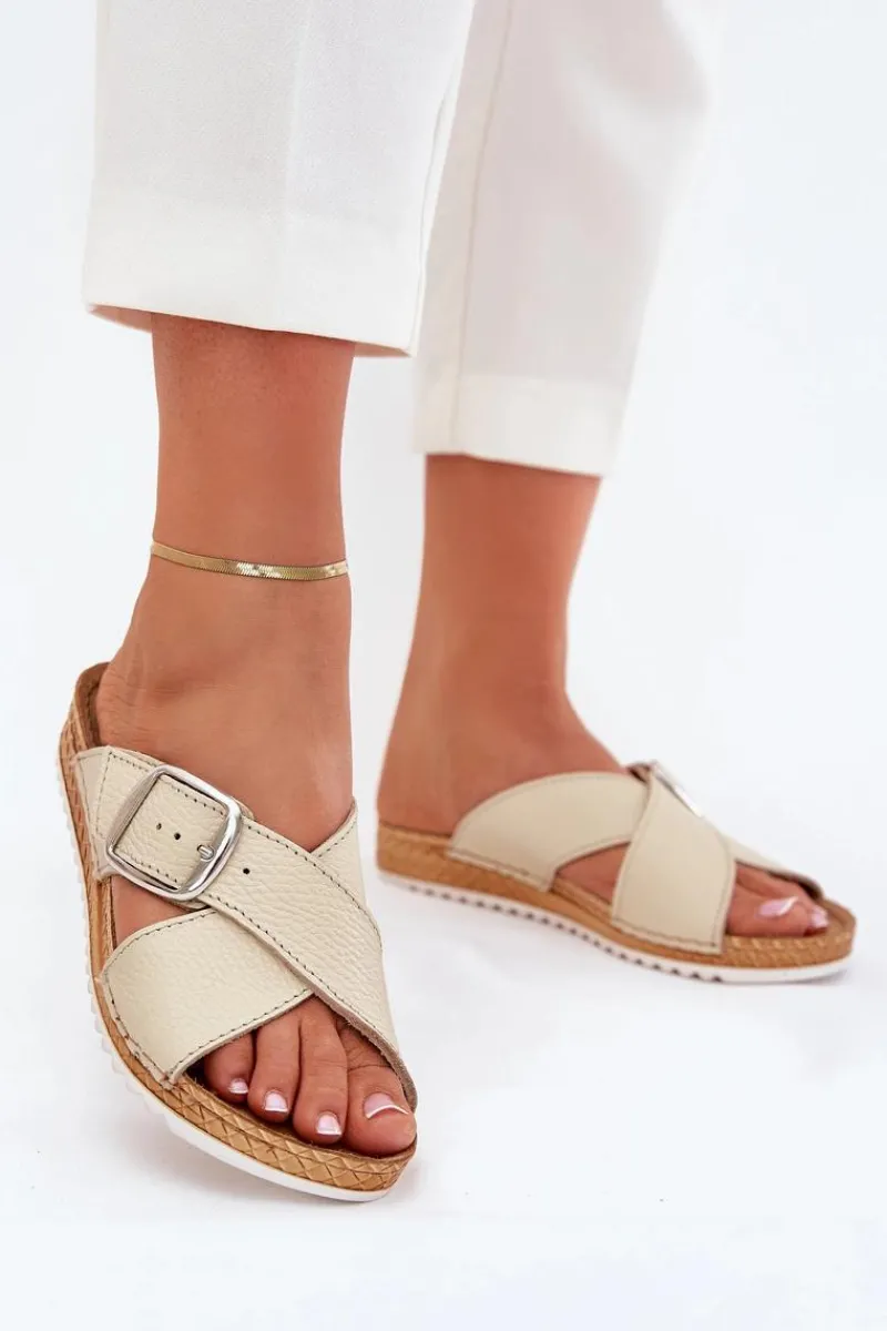 Online Skórzane Klapki Damskie Z Klamrą VO0004GU Beżowe Damskie Klapki Damskie Klasyczne|Klapki Na Platformie