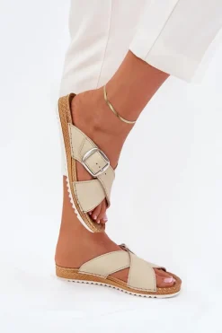 Online Skórzane Klapki Damskie Z Klamrą VO0004GU Beżowe Damskie Klapki Damskie Klasyczne|Klapki Na Platformie