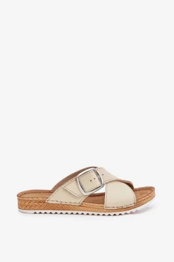 Online Skórzane Klapki Damskie Z Klamrą VO0004GU Beżowe Damskie Klapki Damskie Klasyczne|Klapki Na Platformie