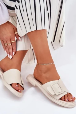 Online Skórzane Klapki Damskie Z Klamrą D&A SJ2302-01 Beżowe Damskie Klapki Damskie Klasyczne