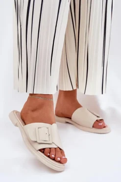 Online Skórzane Klapki Damskie Z Klamrą D&A SJ2302-01 Beżowe Damskie Klapki Damskie Klasyczne