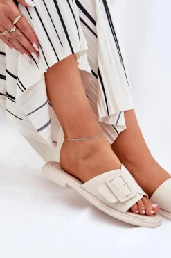 Online Skórzane Klapki Damskie Z Klamrą D&A SJ2302-01 Beżowe Damskie Klapki Damskie Klasyczne