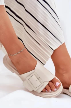 Online Skórzane Klapki Damskie Z Klamrą D&A SJ2302-01 Beżowe Damskie Klapki Damskie Klasyczne