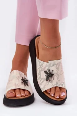 Online Buty damskie Vinceza Skórzane Klapki Damskie Z Broszką Vinceza 66752 Beżowe