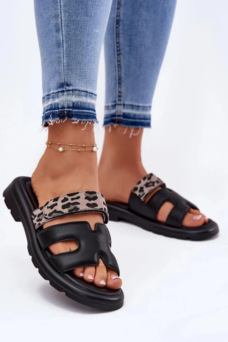 Clearance Skórzane Klapki Damskie Z Rzepem Panterka Vinceza 66769 Czarne Damskie Klapki Damskie Klasyczne