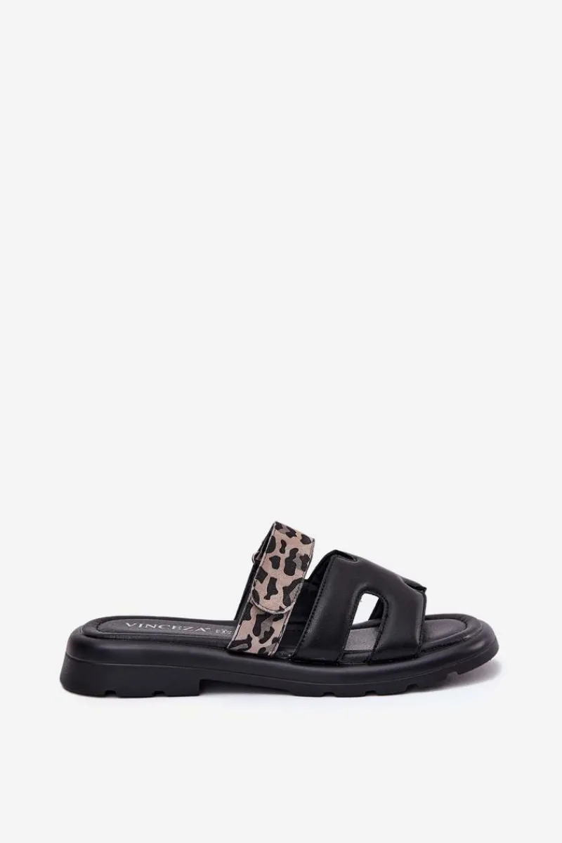 Clearance Skórzane Klapki Damskie Z Rzepem Panterka Vinceza 66769 Czarne Damskie Klapki Damskie Klasyczne