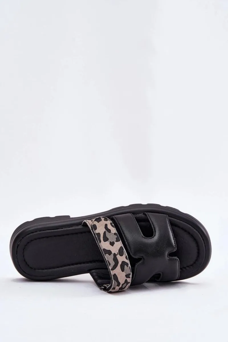 Clearance Skórzane Klapki Damskie Z Rzepem Panterka Vinceza 66769 Czarne Damskie Klapki Damskie Klasyczne