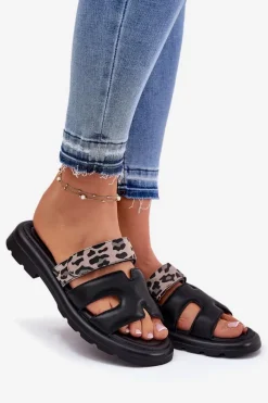 Clearance Skórzane Klapki Damskie Z Rzepem Panterka Vinceza 66769 Czarne Damskie Klapki Damskie Klasyczne