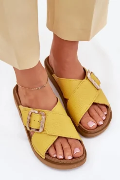 Best INBLU Skórzane Klapki Damskie Z Klamrą ED0003IU Żółte Żółty