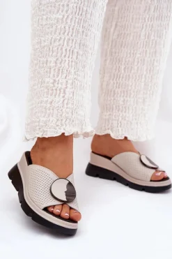 Discount Skórzane Klapki Damskie Z Ozdobą S.Barski LR51-662 Beżowe Damskie Klapki Na Koturnie|Klapki Na Platformie