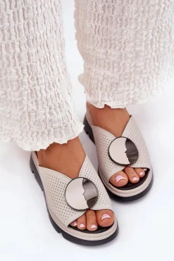 Discount Skórzane Klapki Damskie Z Ozdobą S.Barski LR51-662 Beżowe Damskie Klapki Na Koturnie|Klapki Na Platformie