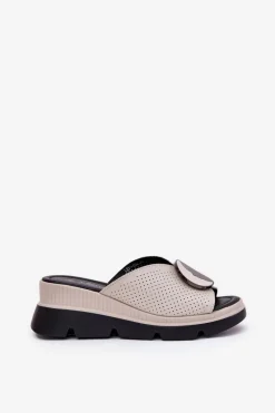 Discount Skórzane Klapki Damskie Z Ozdobą S.Barski LR51-662 Beżowe Damskie Klapki Na Koturnie|Klapki Na Platformie