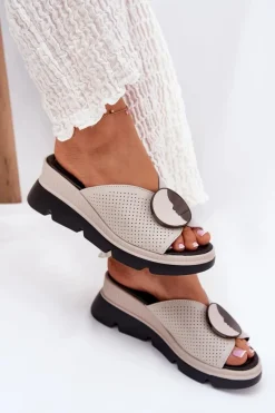 Discount Skórzane Klapki Damskie Z Ozdobą S.Barski LR51-662 Beżowe Damskie Klapki Na Koturnie|Klapki Na Platformie