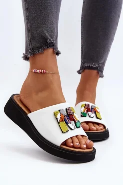 Skórzane Klapki Damskie Z Ozdobą Białe Asames Damskie Klapki Na Platformie|Klapki Damskie Klasyczne