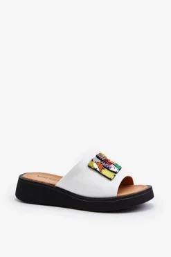 Skórzane Klapki Damskie Z Ozdobą Białe Asames Damskie Klapki Na Platformie|Klapki Damskie Klasyczne