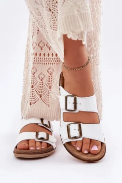 Online INBLU Skórzane Klapki Damskie Z Klarami AA0002KU Białe