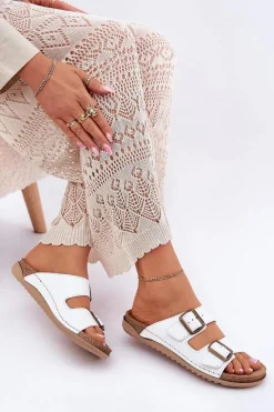 Online INBLU Skórzane Klapki Damskie Z Klarami AA0002KU Białe