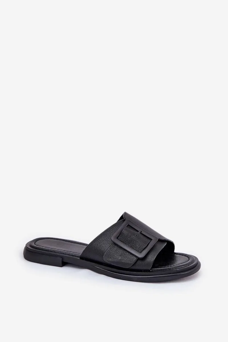 Klapki Damskie Klasyczne>Damskie buty S.Barski Skórzane Klapki Damskie Z Klamrą D&A SJ2302-01 Czarne Czarny