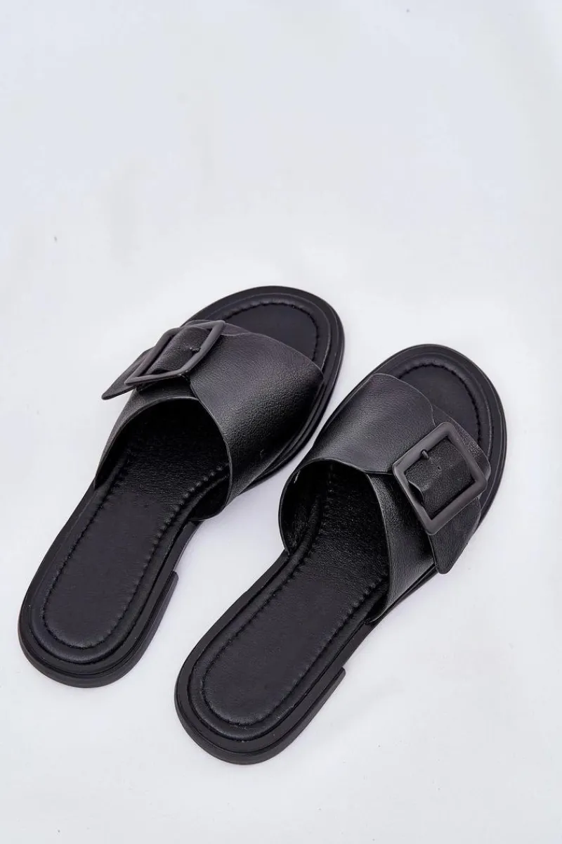 Klapki Damskie Klasyczne>Damskie buty S.Barski Skórzane Klapki Damskie Z Klamrą D&A SJ2302-01 Czarne Czarny