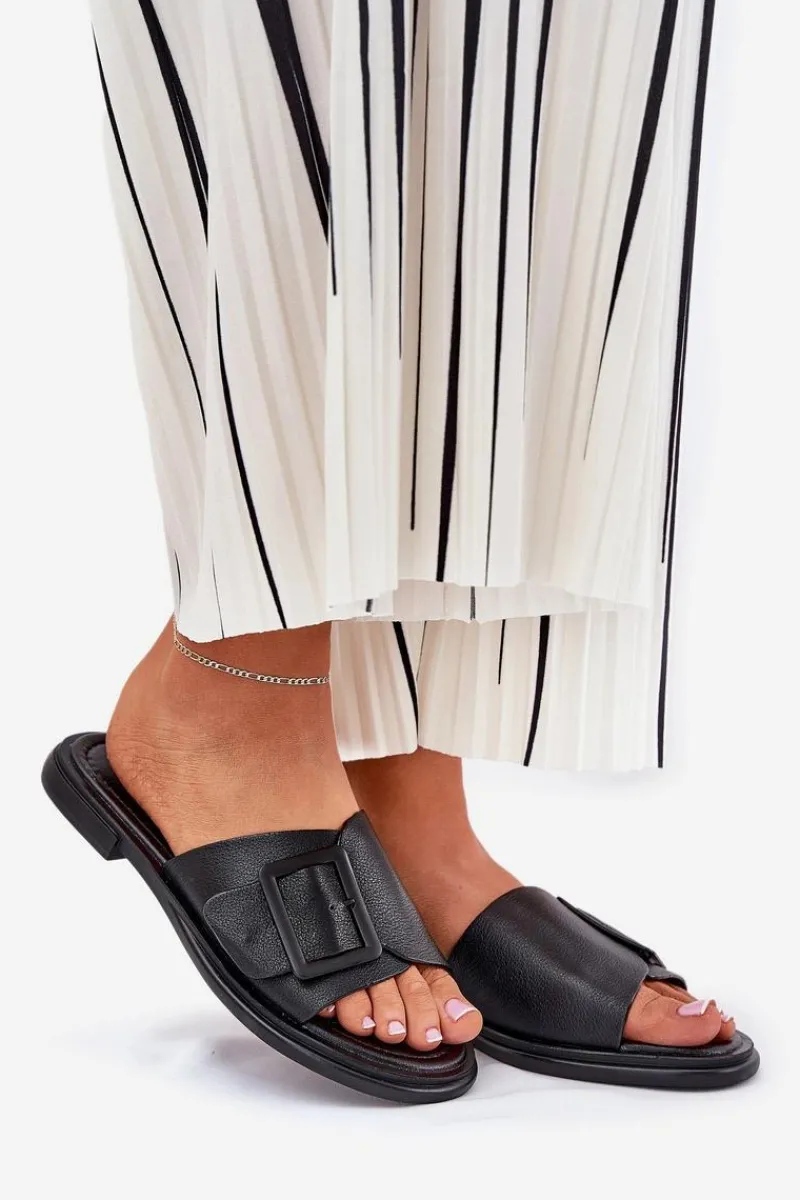 Klapki Damskie Klasyczne>Damskie buty S.Barski Skórzane Klapki Damskie Z Klamrą D&A SJ2302-01 Czarne Czarny