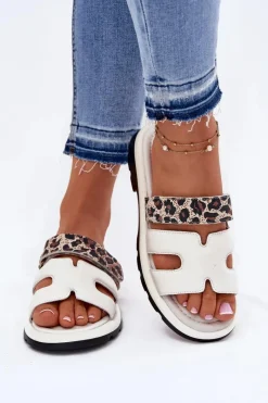 Klapki Damskie Klasyczne>Buty damskie Vinceza Skórzane Klapki Damskie Z Rzepem Panterka Vinceza 66769 Jasnobeżowe Beżowy