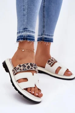 Klapki Damskie Klasyczne>Buty damskie Vinceza Skórzane Klapki Damskie Z Rzepem Panterka Vinceza 66769 Jasnobeżowe Beżowy