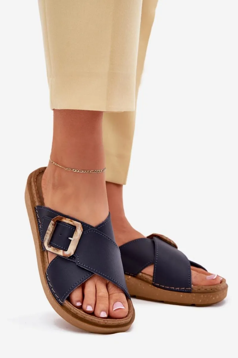 Klapki Na Platformie|Klapki Damskie Klasyczne>INBLU Skórzane Klapki Damskie Z Klamrą ED0003IU Granatowe Niebieski