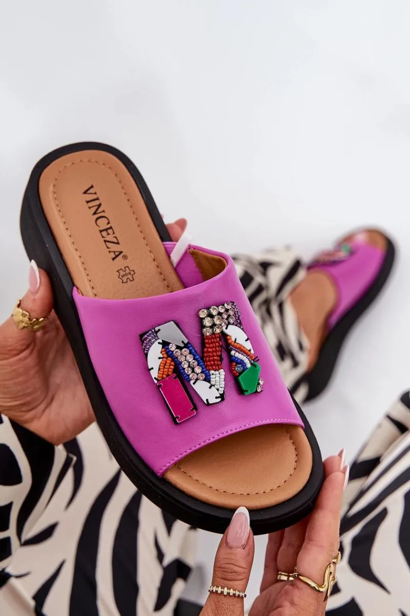 Klapki Na Platformie|Klapki Damskie Klasyczne>Buty damskie Vinceza Skórzane Klapki Damskie Z Ozdobą Fuksja Asames